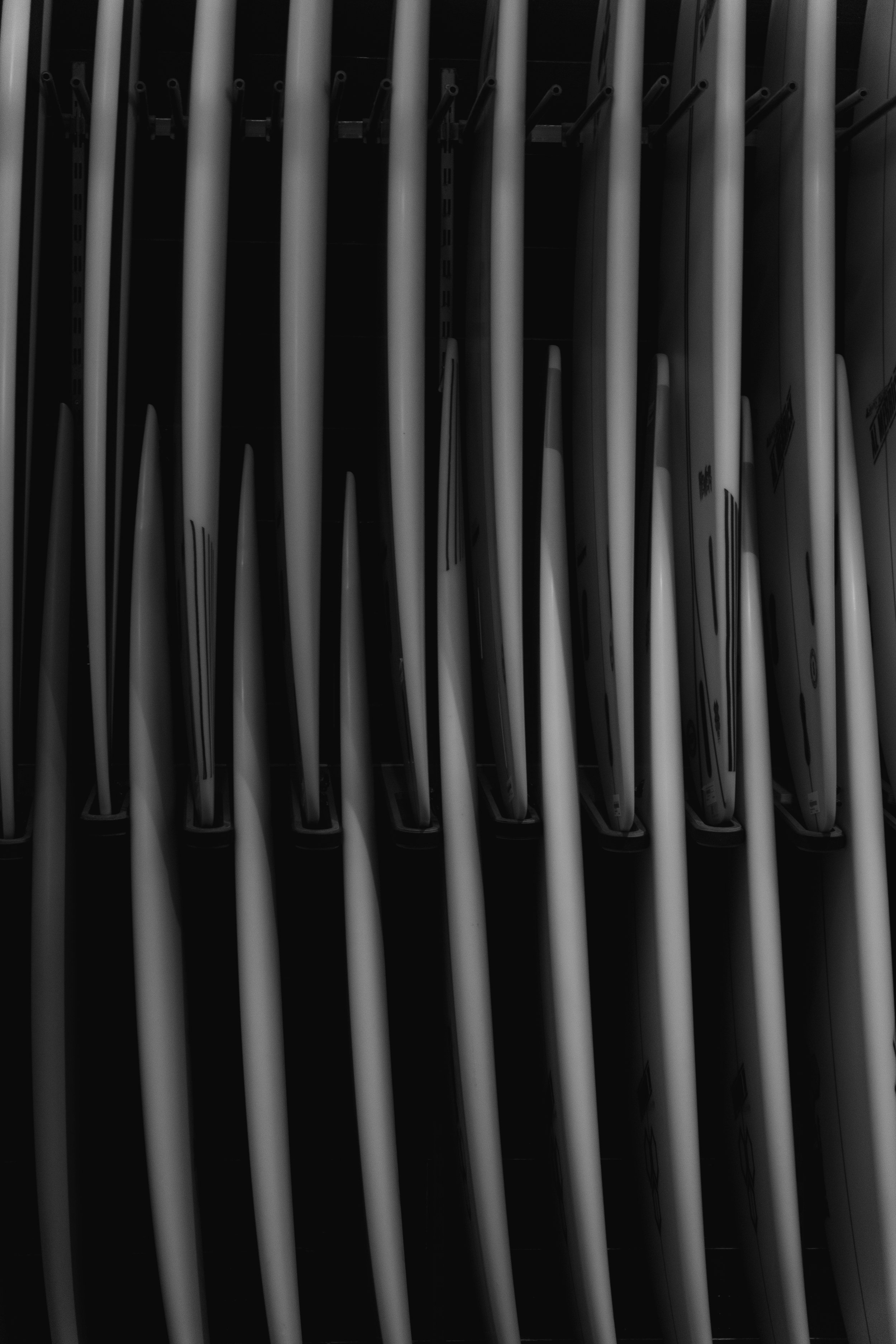 A row of white and black umbrellas stored upright on a shelf.