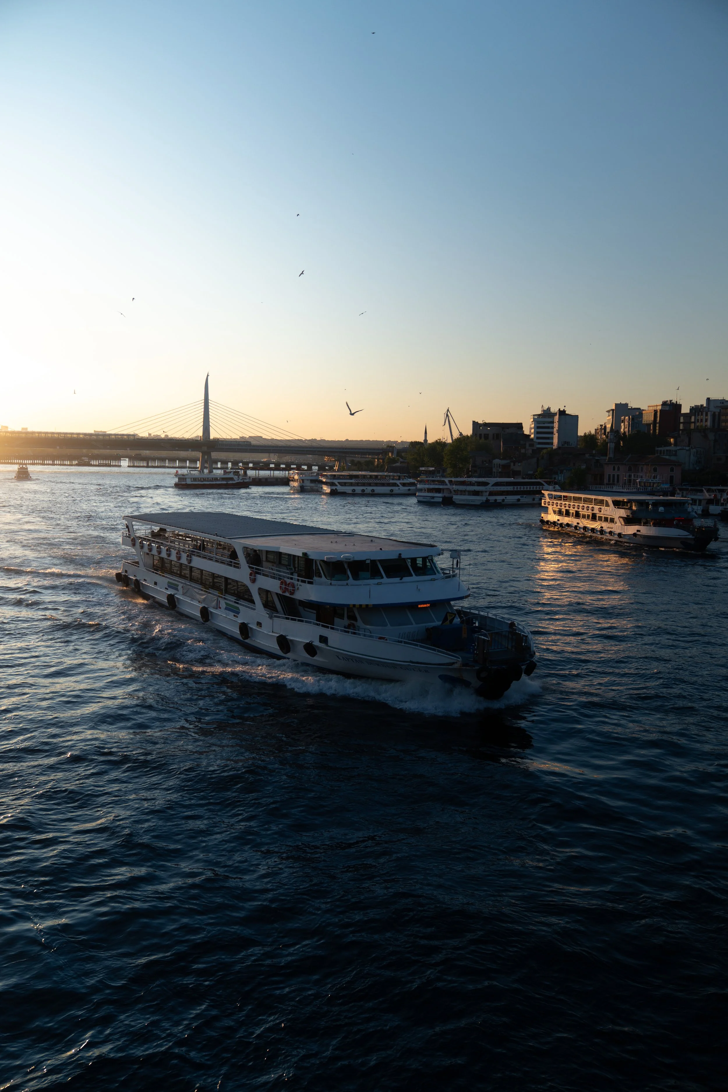 A river scene at sunset with boats on the water, a bridge overhead, and a city skyline with buildings and cranes in the background. Birds are flying in the sky.