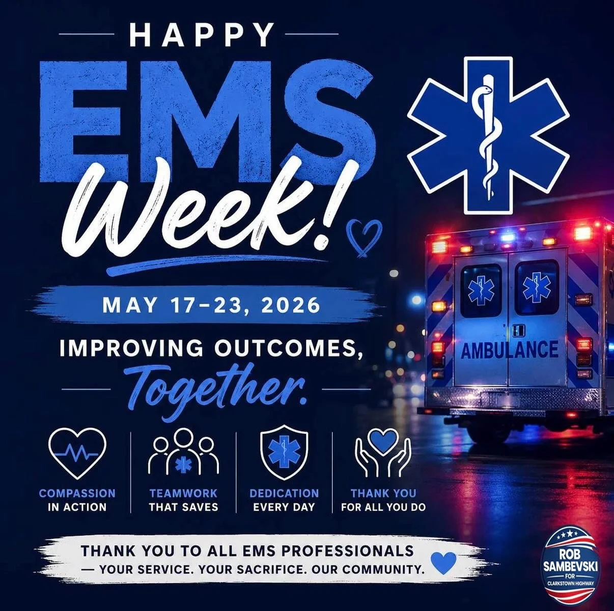 Happy EMS Week to all the EMTs, paramedics, dispatchers, and first responders who show up every day to help others in their worst moments. Thank you for your dedication, sacrifice, and service to our communities.