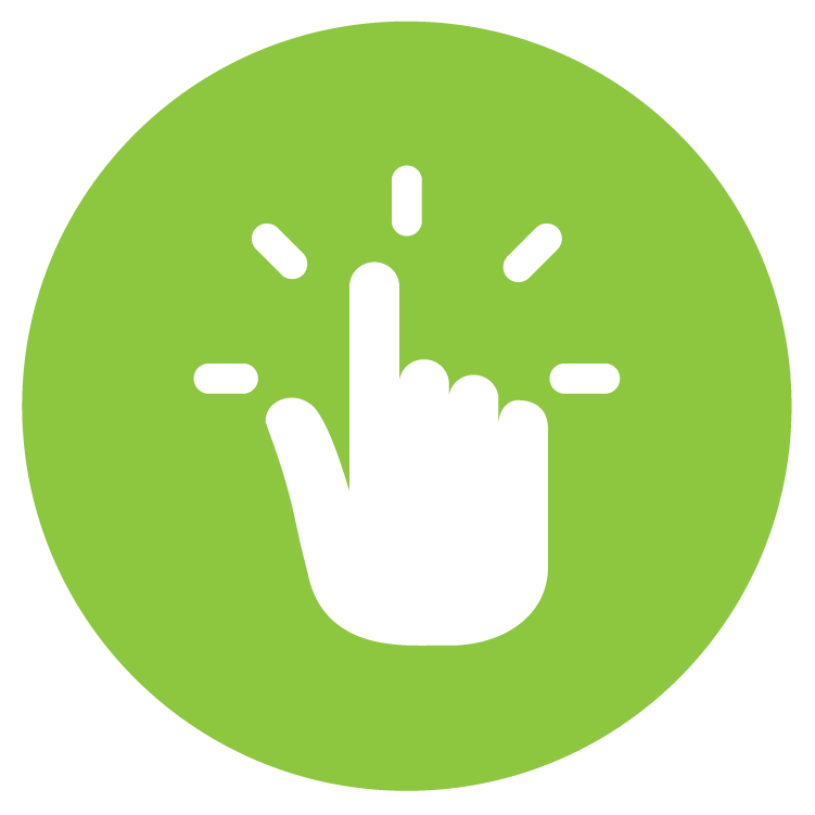 A green circle containing a white icon of a hand with an extended index finger, with small lines around the finger indicating a tap or click action.