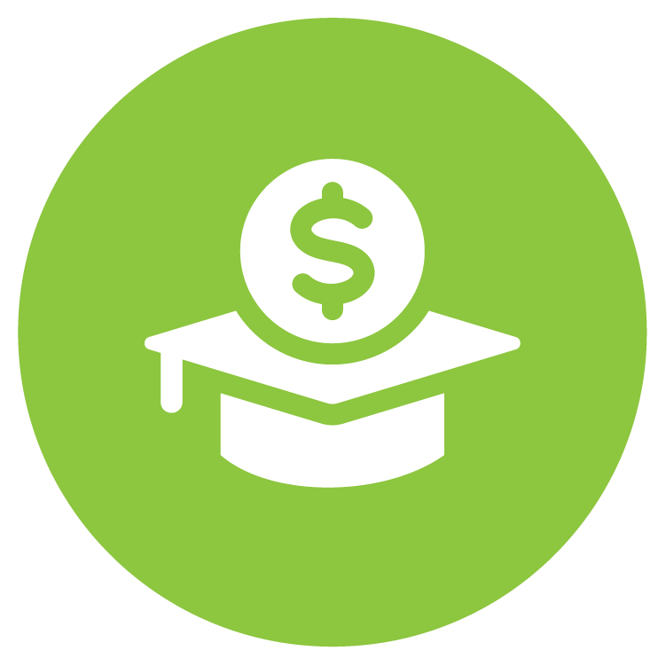 Green circular icon with a white graduation cap and a dollar coin with a dollar sign on top.