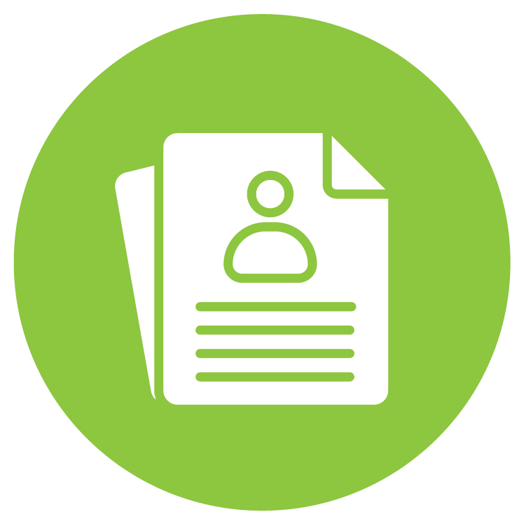 Icon of a resume or profile document with a user silhouette and lines indicating text, on a green circular background.