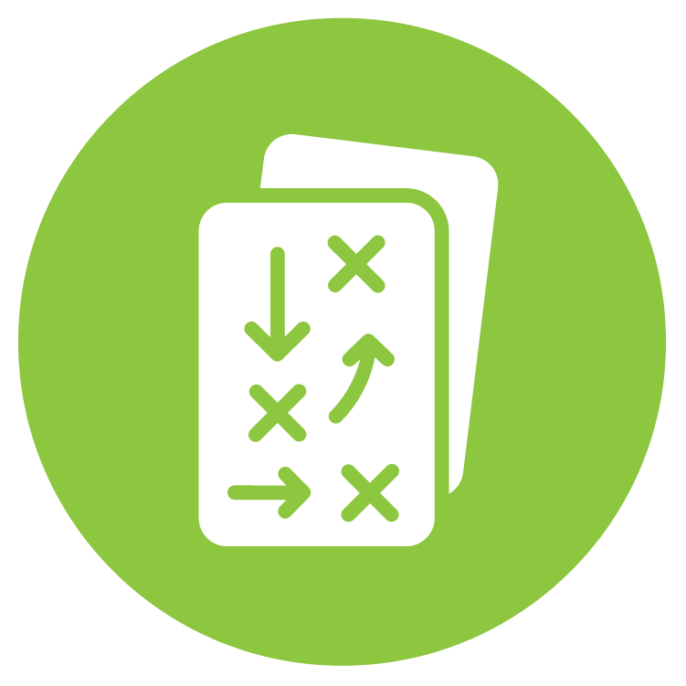 Icon of two overlapping strategy plans with arrows and X marks, representing planning or strategy concept, inside a green circle.
