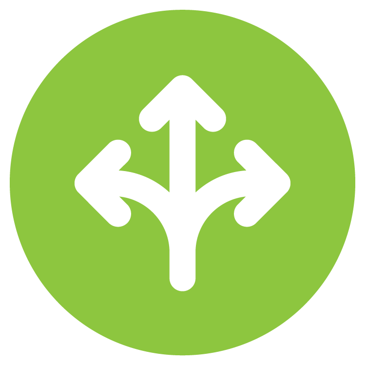 Green circle with a white icon of a three-way arrow indicating options or directions.