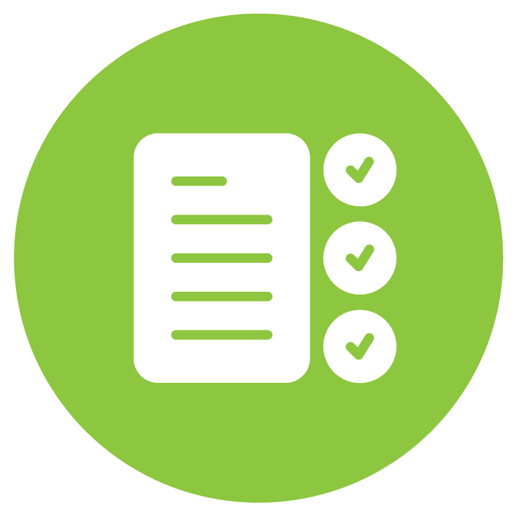 Green circle icon with a checklist and a document.