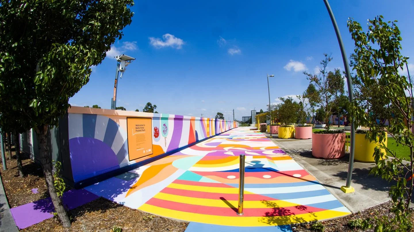 Some beautiful pictures of our 600 square metre mural install at Bella Vista Pocket Park ✨ 📷 @balakay.l 
.
.
.
.
.
.

#bvpocketpark