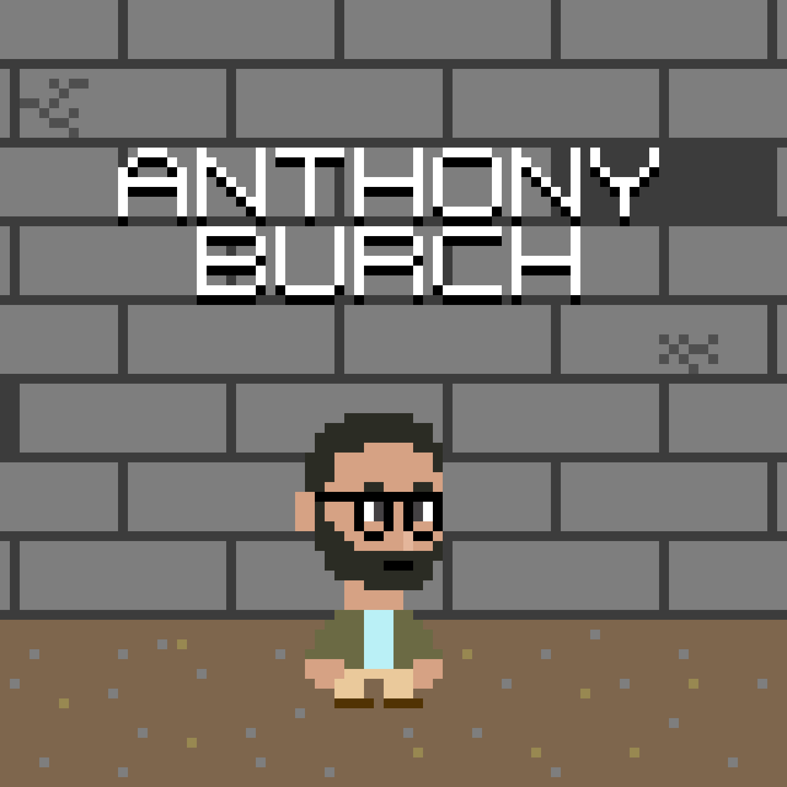 Pixel art style image of a person with glasses and a beard standing in front of a gray brick wall with graffiti and the words "AN HON Y" on the wall.