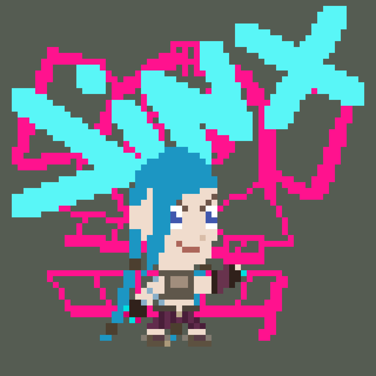 Pixel art of a girl with blue hair and a black outfit, surrounded by pink and blue outlines and shapes.