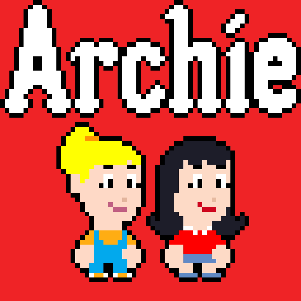 Pixel art graphic of the word 'Atlee' with two cartoon characters, a blonde boy in blue overalls and a girl with black hair in a red shirt, on a red background.