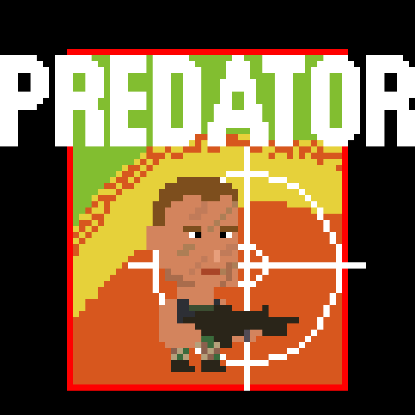 Pixel art cover of the video game 'Hotline Miami,' depicting a person with a serious expression holding a gun, set against a background with a large, yellow, star-shaped design and green text at the top.