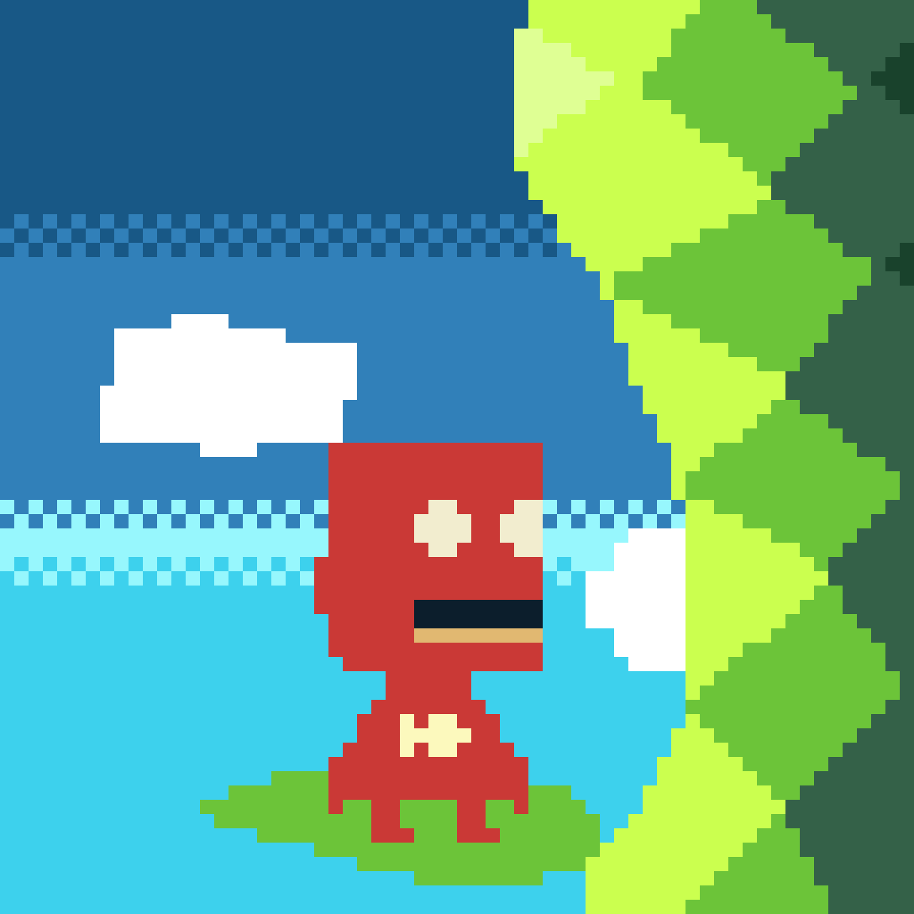Pixel art of a red dinosaur in a landscape with water, green plants, and a blue sky with clouds.