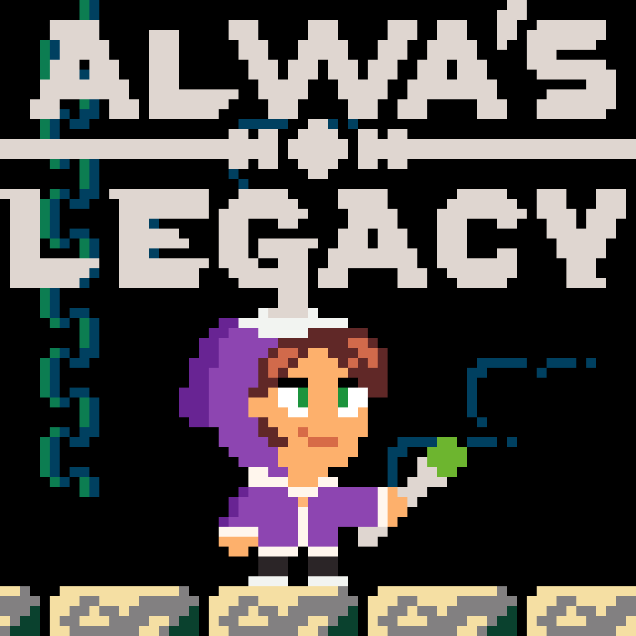 Pixel art of a character in a purple hoodie with green eyes, holding a green smoke or plant, standing on a beige platform. Behind, there is a large sign that says "ALWAYS BACK" with a pixelated design.
