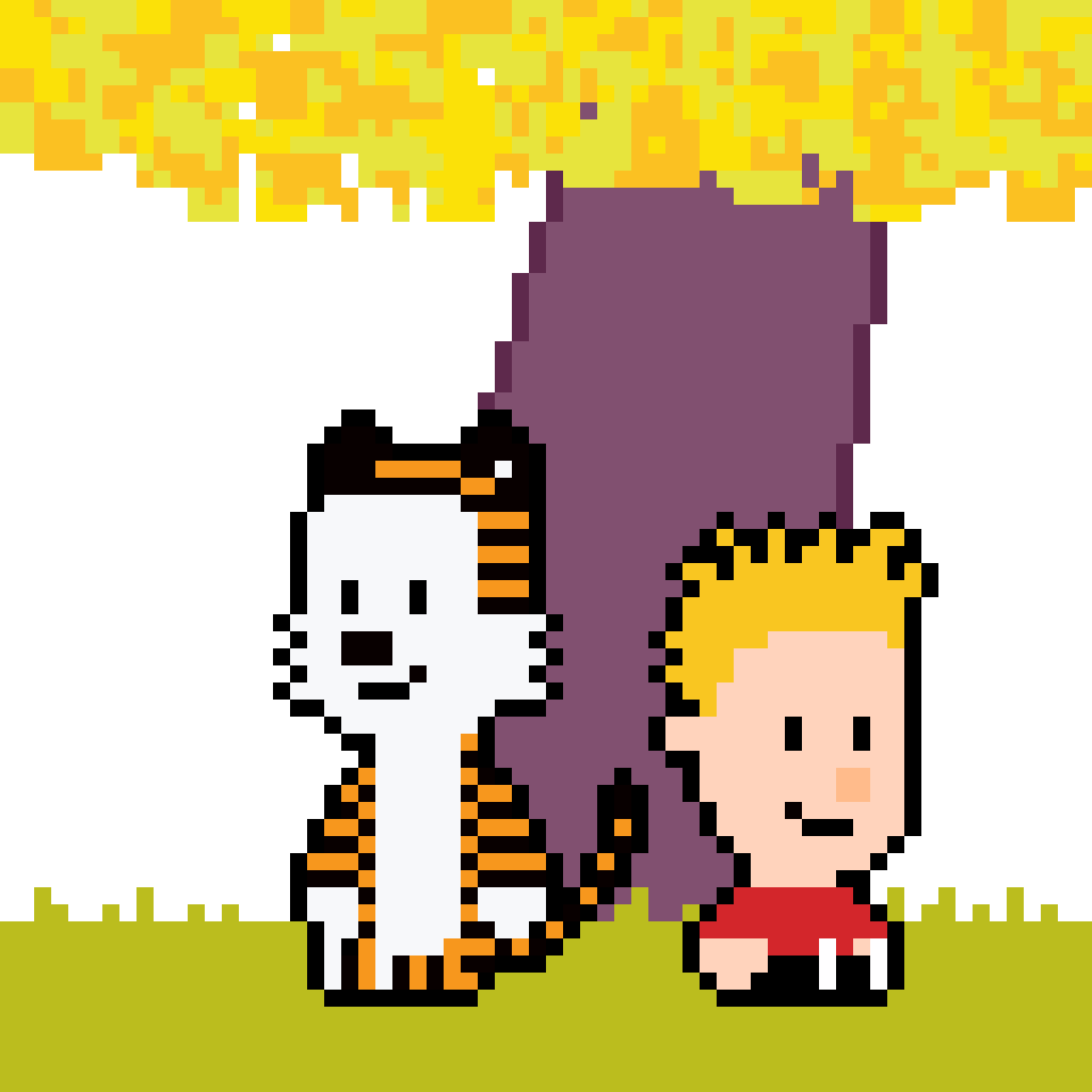 Pixel art of a white tiger with orange and black stripes and a small penguin on its back, standing under a yellow tree with a child with yellow hair and a red shirt sitting nearby on green grass.