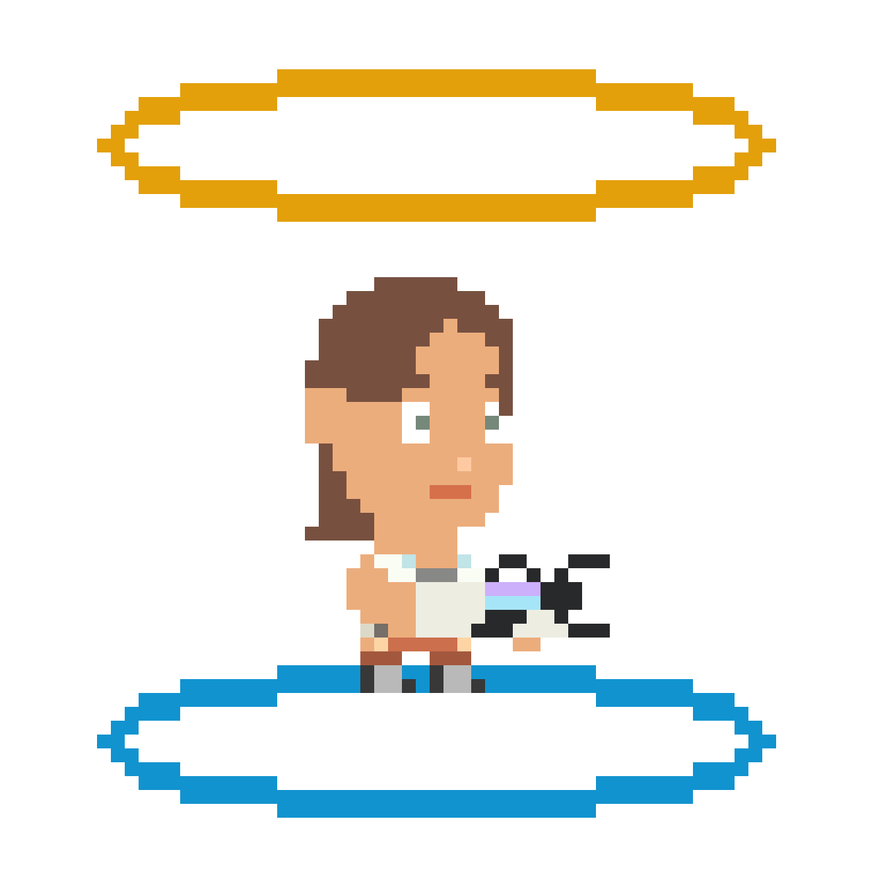 Pixel art illustration of a woman with brown hair, holding a small rifle, standing on a floating blue platform with a yellow ring behind her