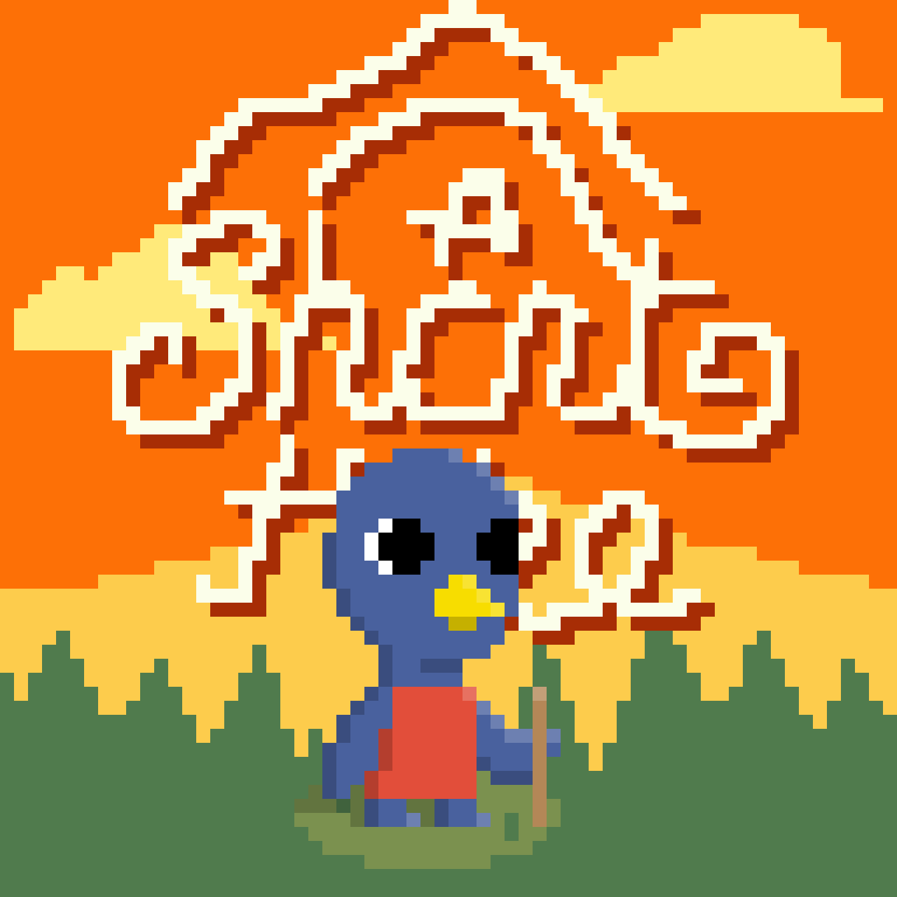 Pixel art of a blue bird with a yellow beak wearing a red shirt, standing in front of a sunflower with a large, orange background.