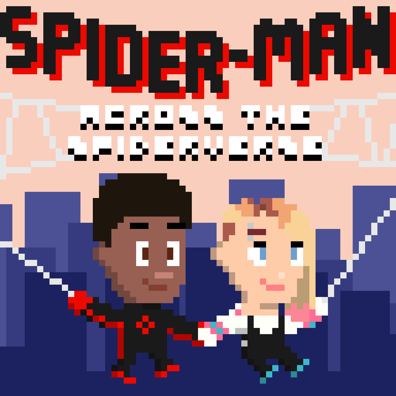Pixel art illustration of two characters, a male and a female, sitting on an airplane with the headrest visible behind them. The male character has dark skin, short black hair, and is wearing a black and red outfit. The female character has light ski