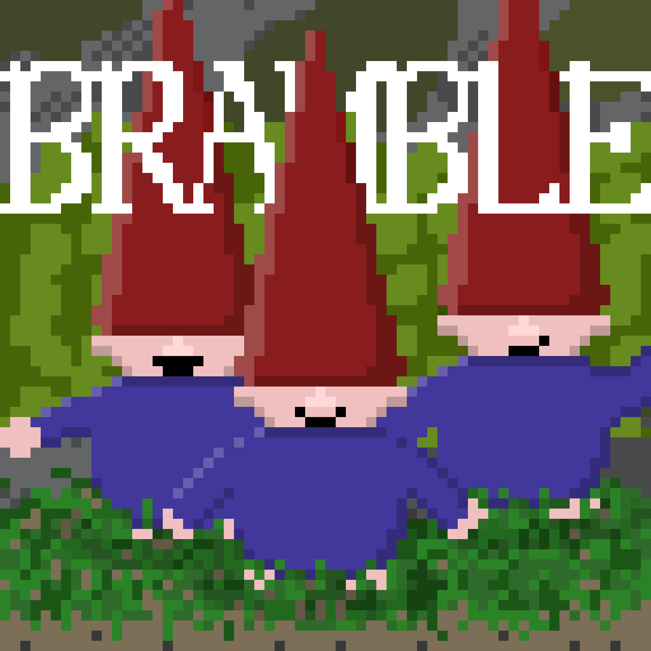 Pixel art of three garden gnomes with tall red hats and blue outfits, standing among green plants.