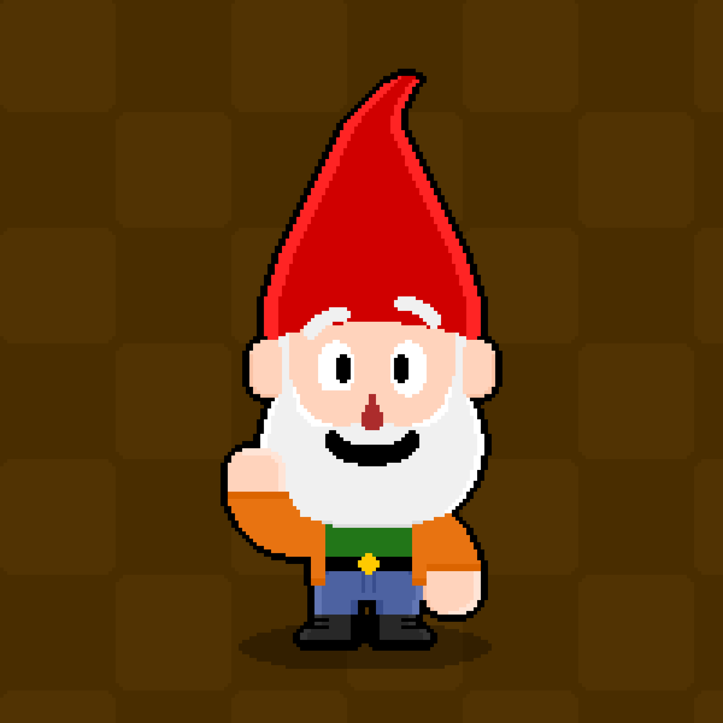Pixel art character of a garden gnome with white hair, wearing a green shirt, orange jacket, and blue pants, standing on a brown checkered floor.