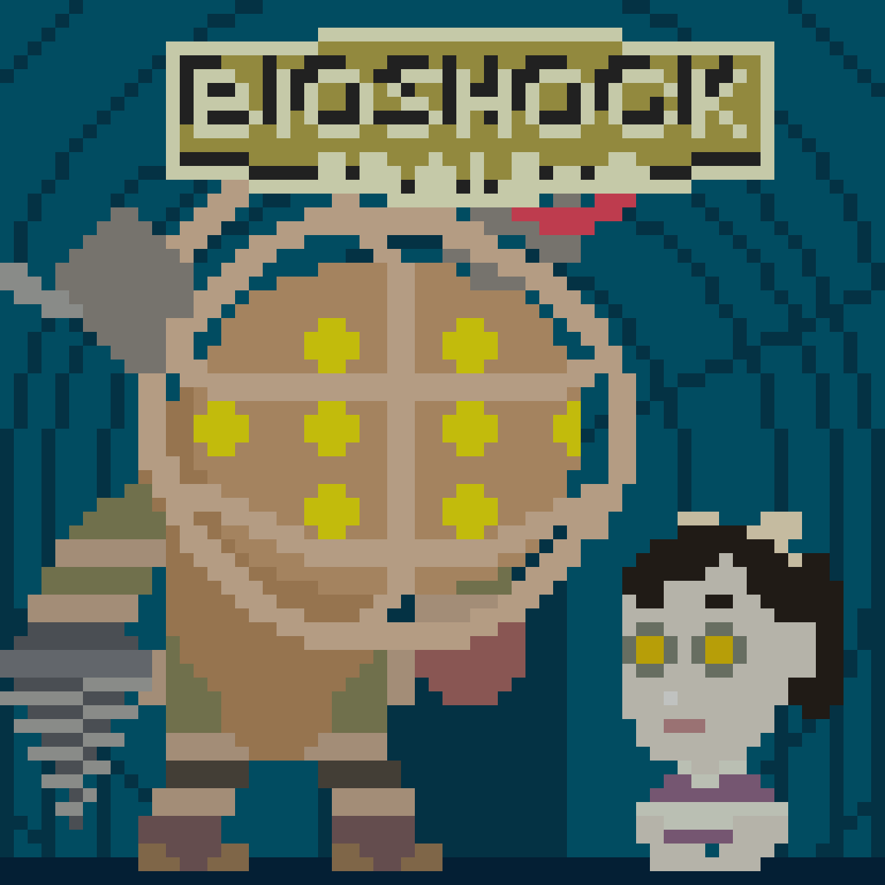 Pixel art illustration of two characters, one holding a sign that says 'bloxhood' and a large round object with yellow stars, with a black and white dog standing nearby.