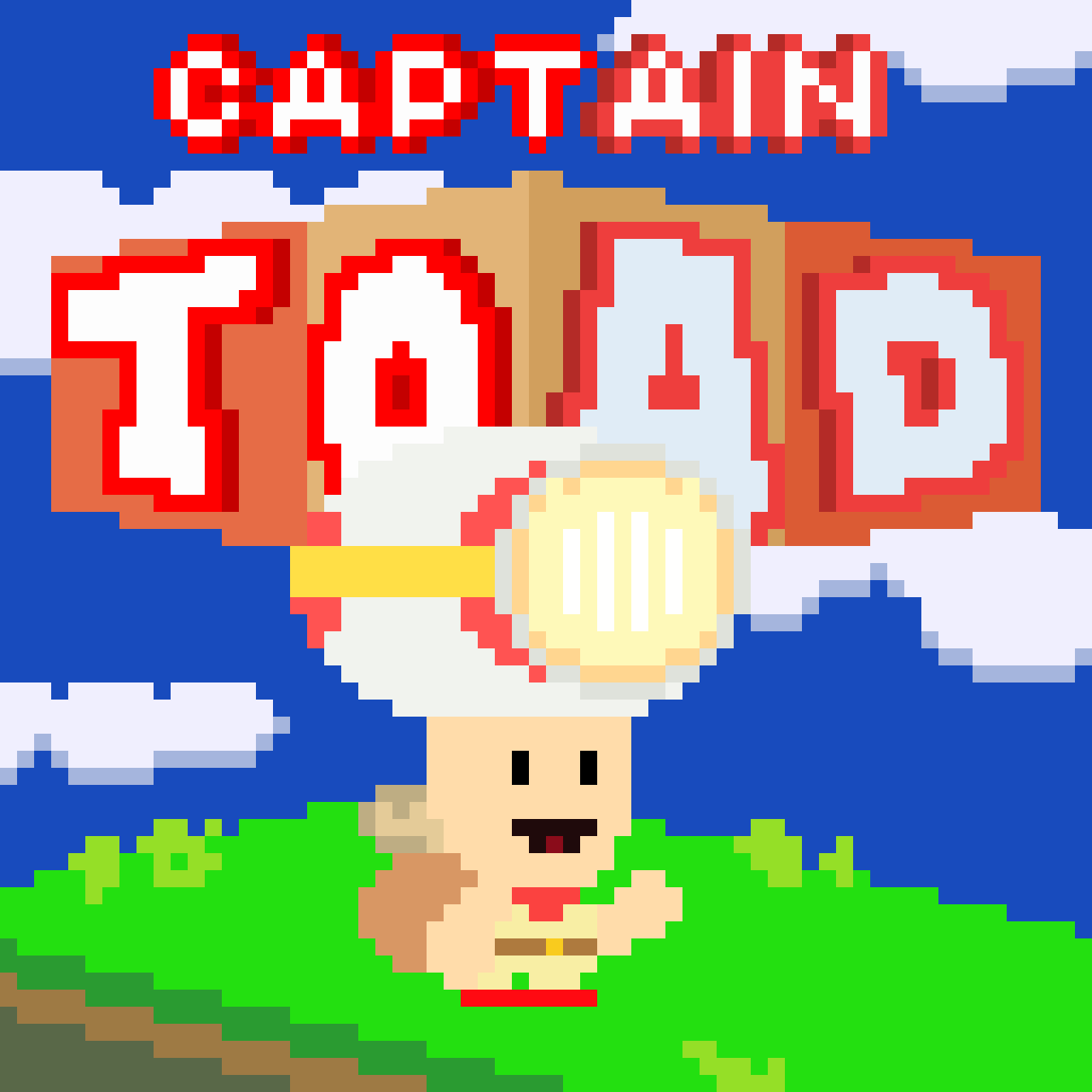 Pixel art image of Toad from Super Mario, standing on green grass, with a blue sky background and white clouds, holding a Polkadot Egg, with red 'Partyin 2023' text above.