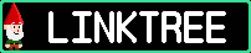 Pixel art image of a gnome with a red hat, white beard, and green outfit next to the text 'LINKTREE' on a black background.