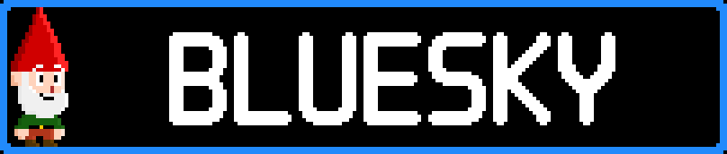 Pixelated gnome with red hat, white beard, green shirt, brown shoes on a black background, next to the word 'BLUESKY' in white block letters.