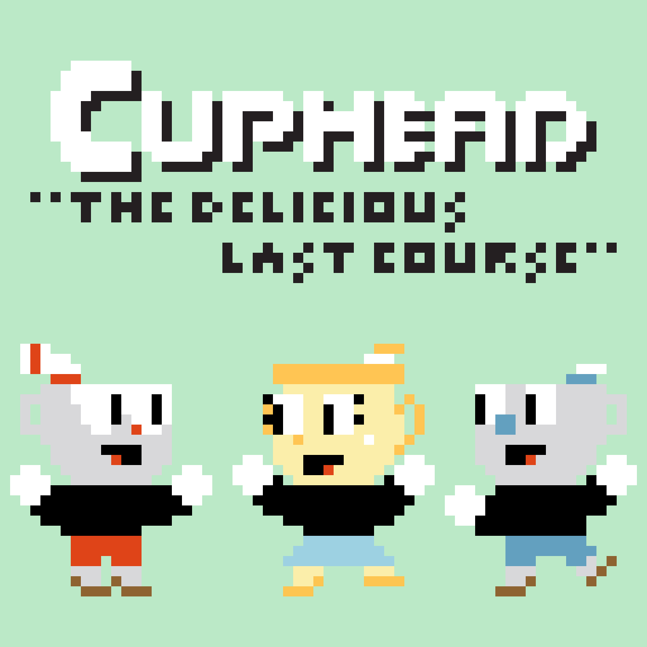 Pixel art image with three characters and text at the top that reads, "SURFER... THE DELICIOUS LITTLE COOK." The characters include a cup with a straw and face on the left, a chef with a hat in the middle, and a mug with a face on the right.
