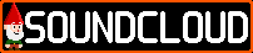 Pixel art logo with a gnome character to the left of the word 'SOUNDELOUD' in white font on a black background with an orange border.