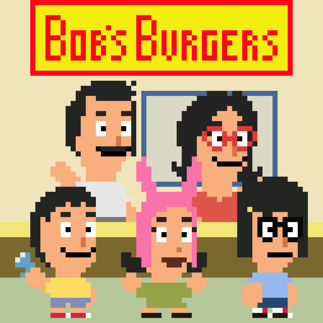 Pixel art illustration of five characters in front of a sign that reads "Bob's Burgers". The characters include a man with black hair, a woman with black hair and red glasses, a girl with pink hair, a boy with black hair and a yellow shirt, and a gir