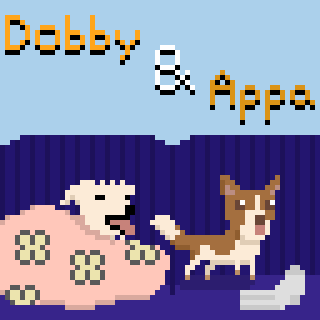 Pixel art scene with a dog on a pink bed with flowers, next to a brown and white cat, under a blue sky with clouds and the text 'Dobby & Appa'.