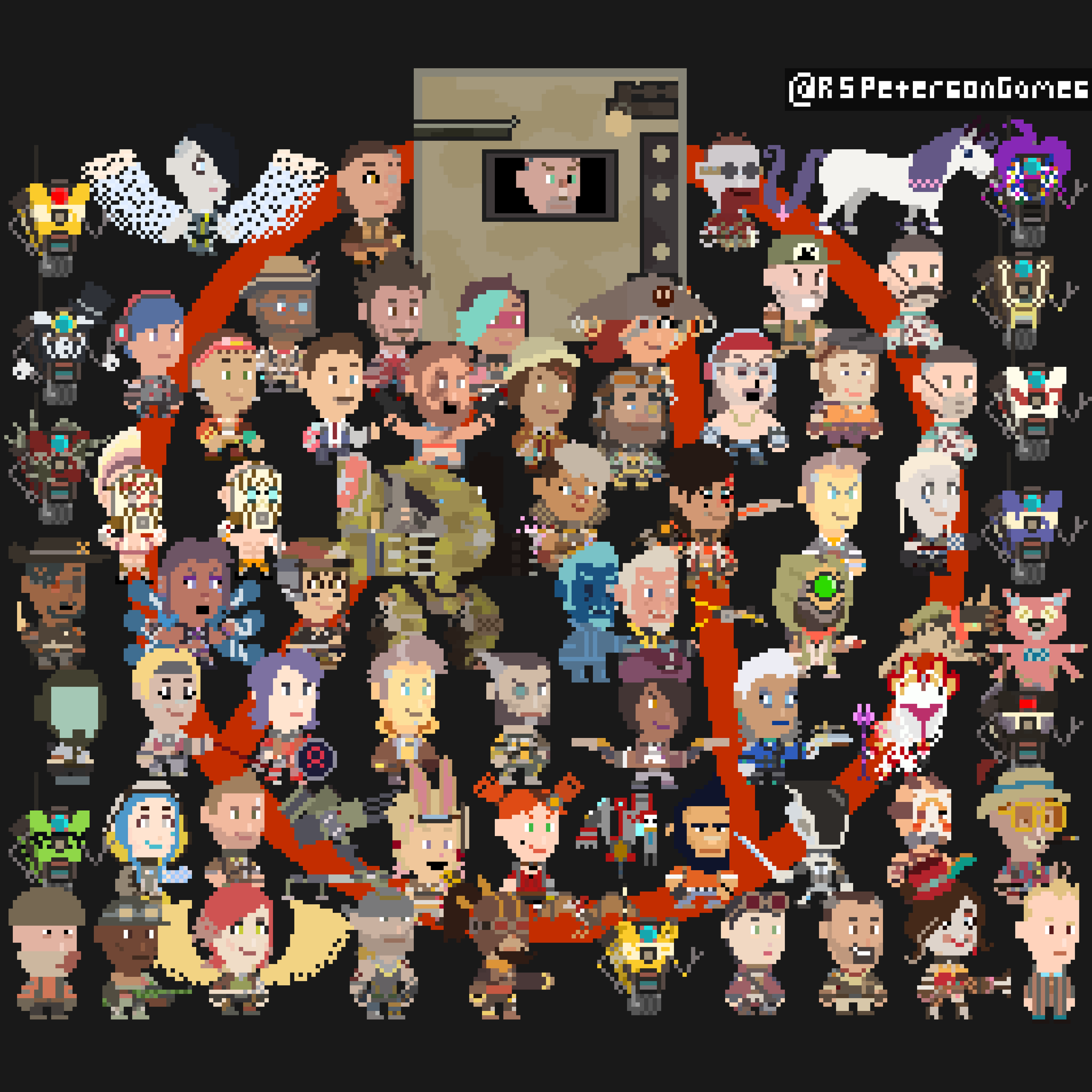 A collection of pixel art characters from the game Overwatch, including heroes like Tracer, Reaper, Mercy, and Winston, arranged against a black background.