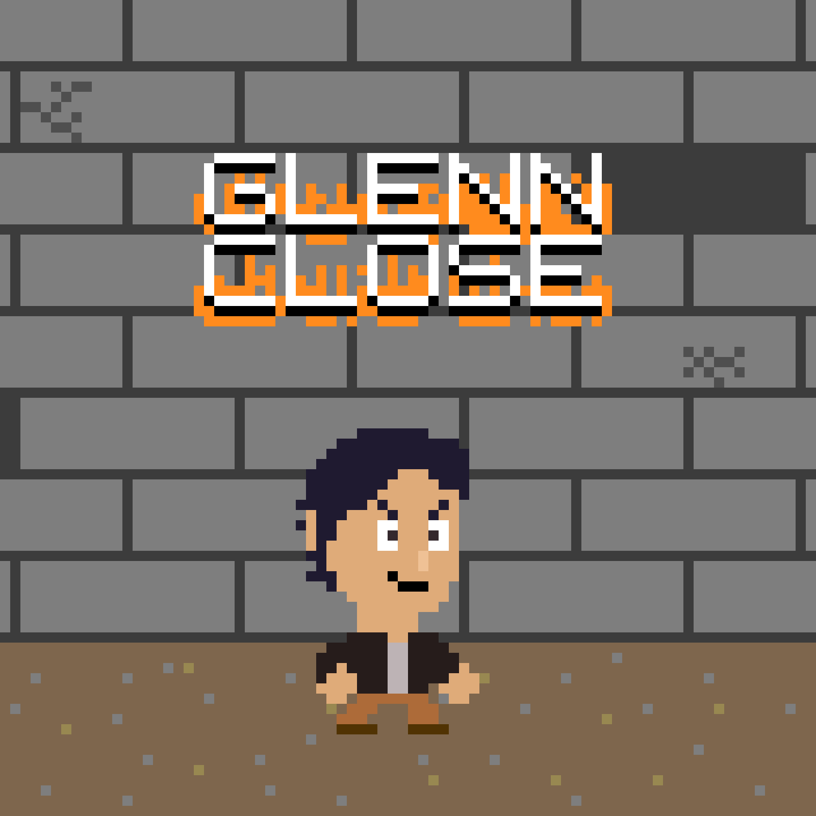 Pixel art style image of a person with black hair, smiling, sitting cross-legged on a dirt ground, in front of a gray brick wall with graffiti and a sign that reads 'Gummy's Lounge'.