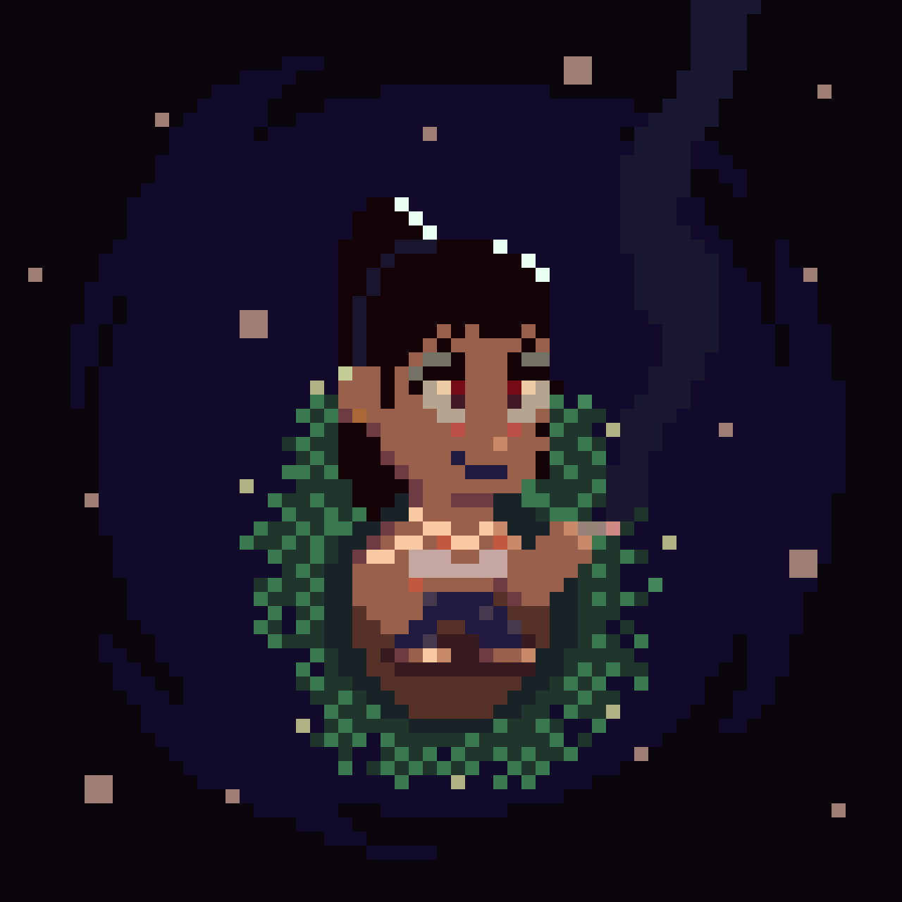 Pixel art character with dark hair, sitting on a green leafy surface, holding a rectangular object, set against a dark, starry background.