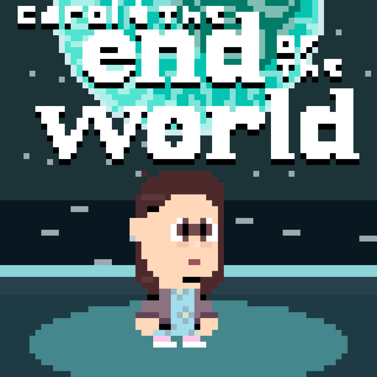 Pixel art of a girl with brown hair standing in front of a sign that reads 'Escape the Vortex' with a blue and teal background.