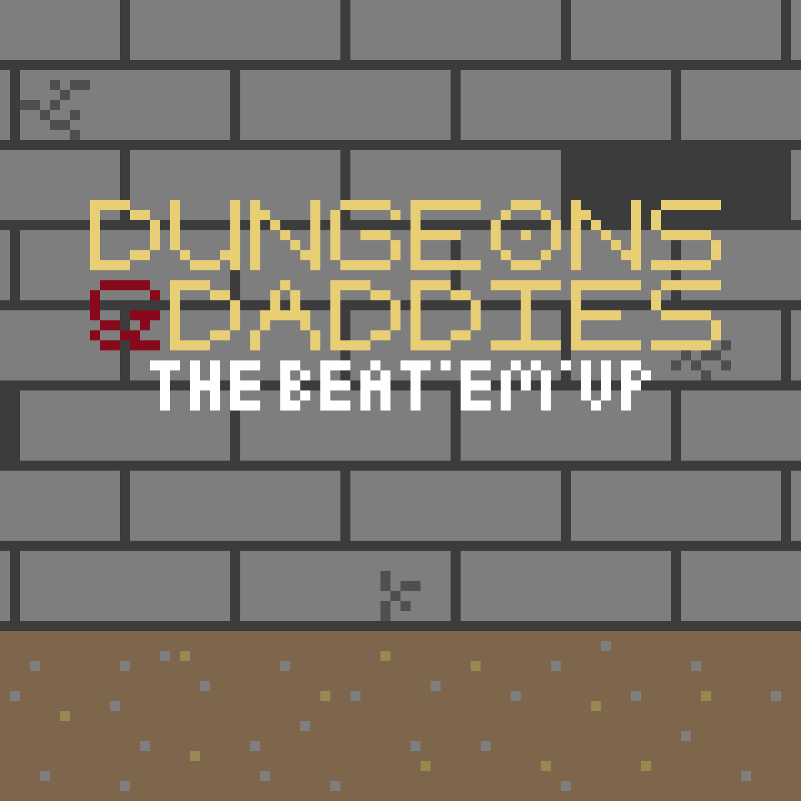 Pixel art with a gray brick wall background featuring the phrase 'Bungons & Cats' in yellow text and 'The Basement' in white text beneath it, with a small red skull icon to the left of the text.
