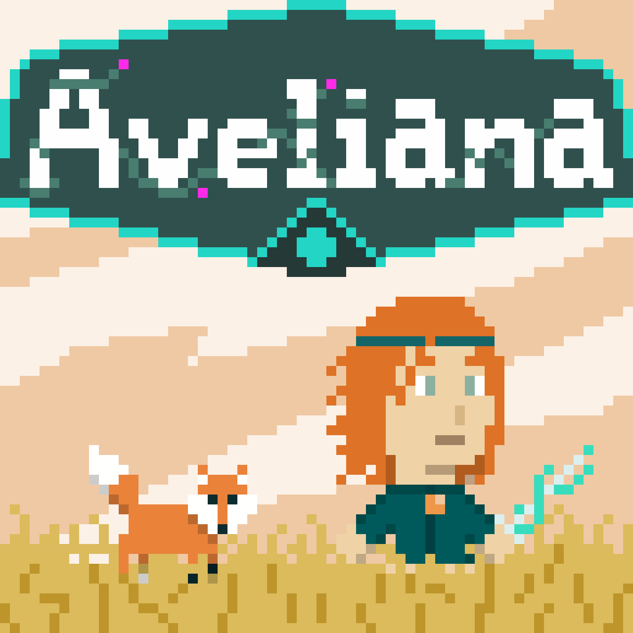 A pixel art illustration of a woman with red hair, a black coat, and glasses, standing in a field of tall, yellow grass with a small fox beside her. Above them is a speech bubble with the word "Aviation" in pixelated text.