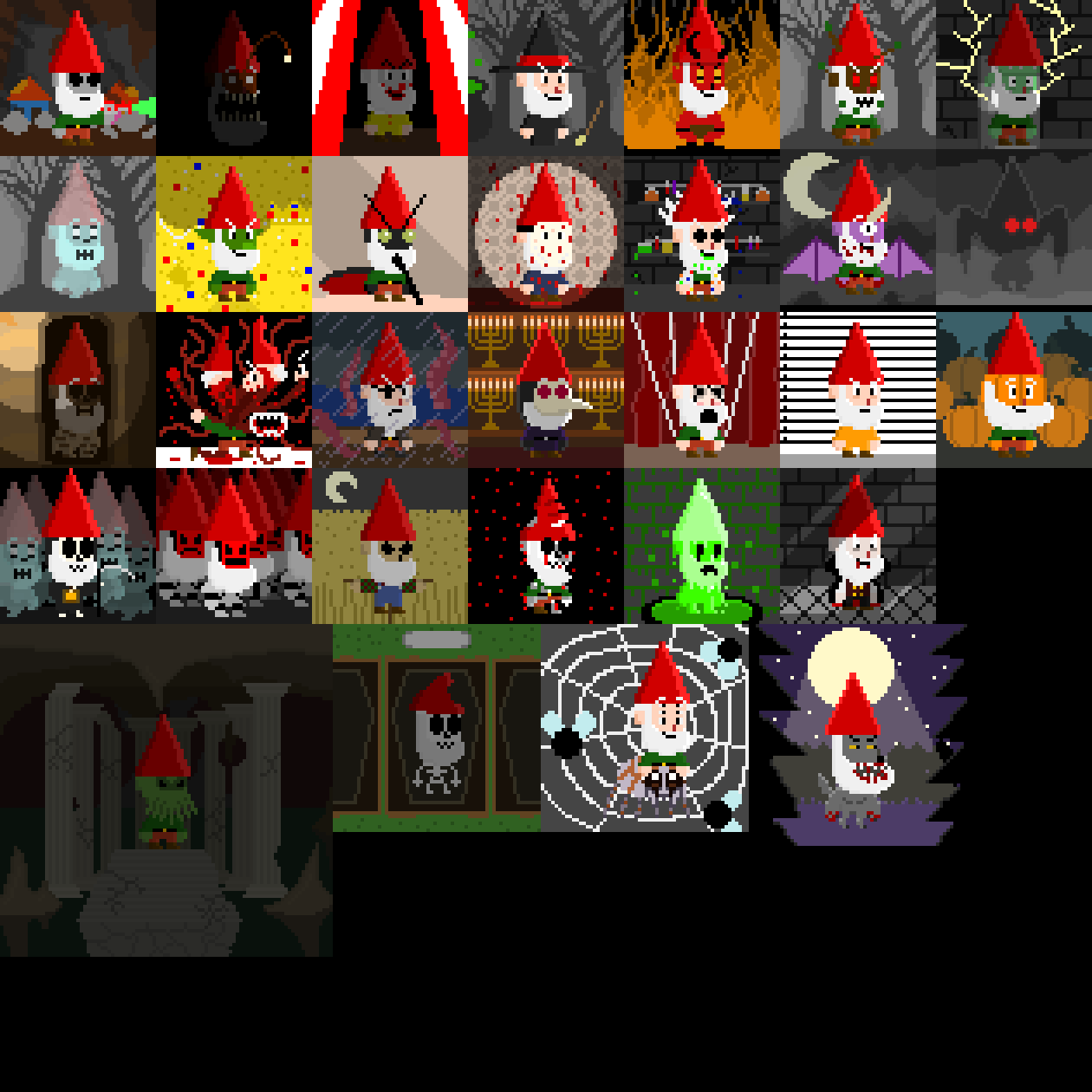 A collection of pixel art depictions of a gnome character in various costumes and scenes, including fantasy, holiday, and spooky themes.