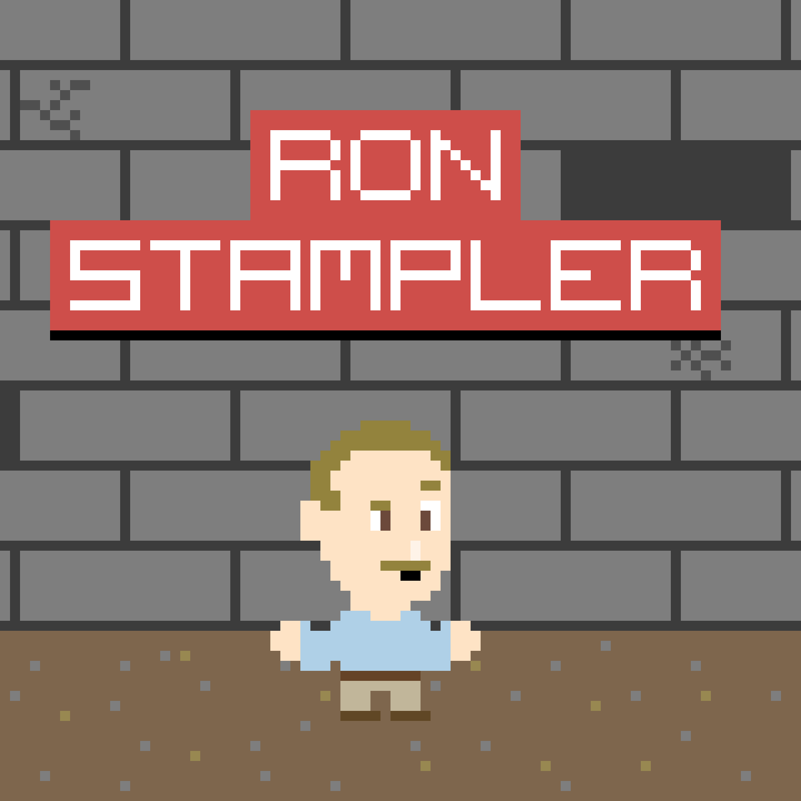 A pixel art character standing in front of a brick wall with a red sign that says 'Ron Stampler' in white block letters.
