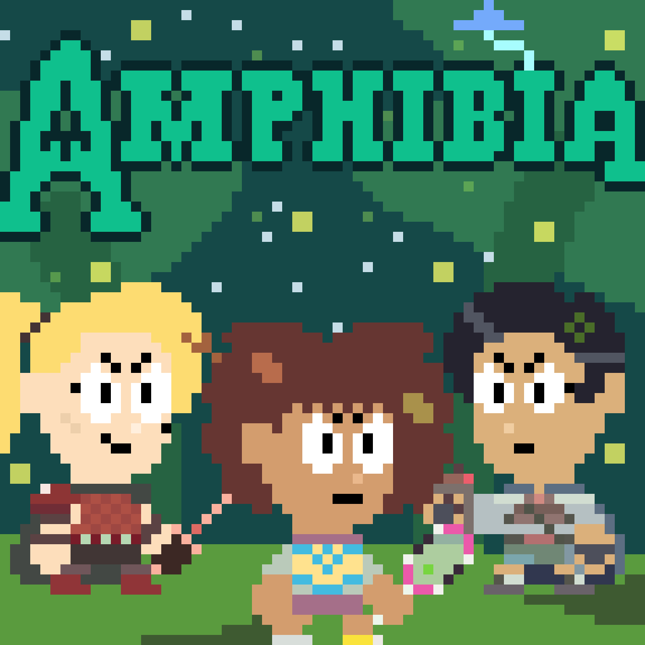 Pixel art illustration of three children having a fun outdoor picnic with trees and grass, and a pixelated sign in the background.