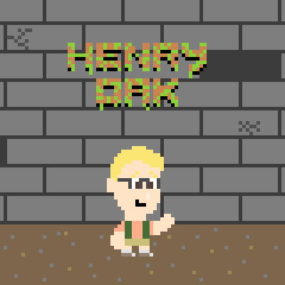Pixel art character with blonde hair, glasses, and green shirt standing on ground in front of a brick wall with the words 'HAPPY DAY' pixelated on it.