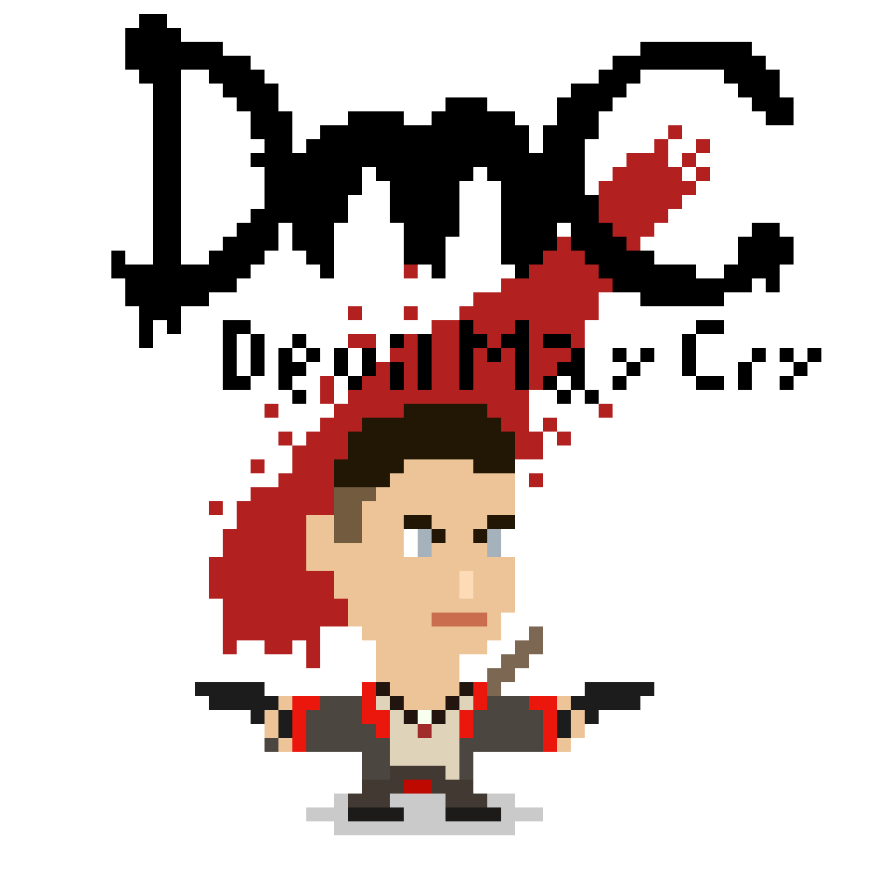 Pixel art image of a woman with red hair, dressed in gothic style with fangs and wings, behind her is a blood splatter and the text 'Devilish & Co' in black with a blood drip effect.