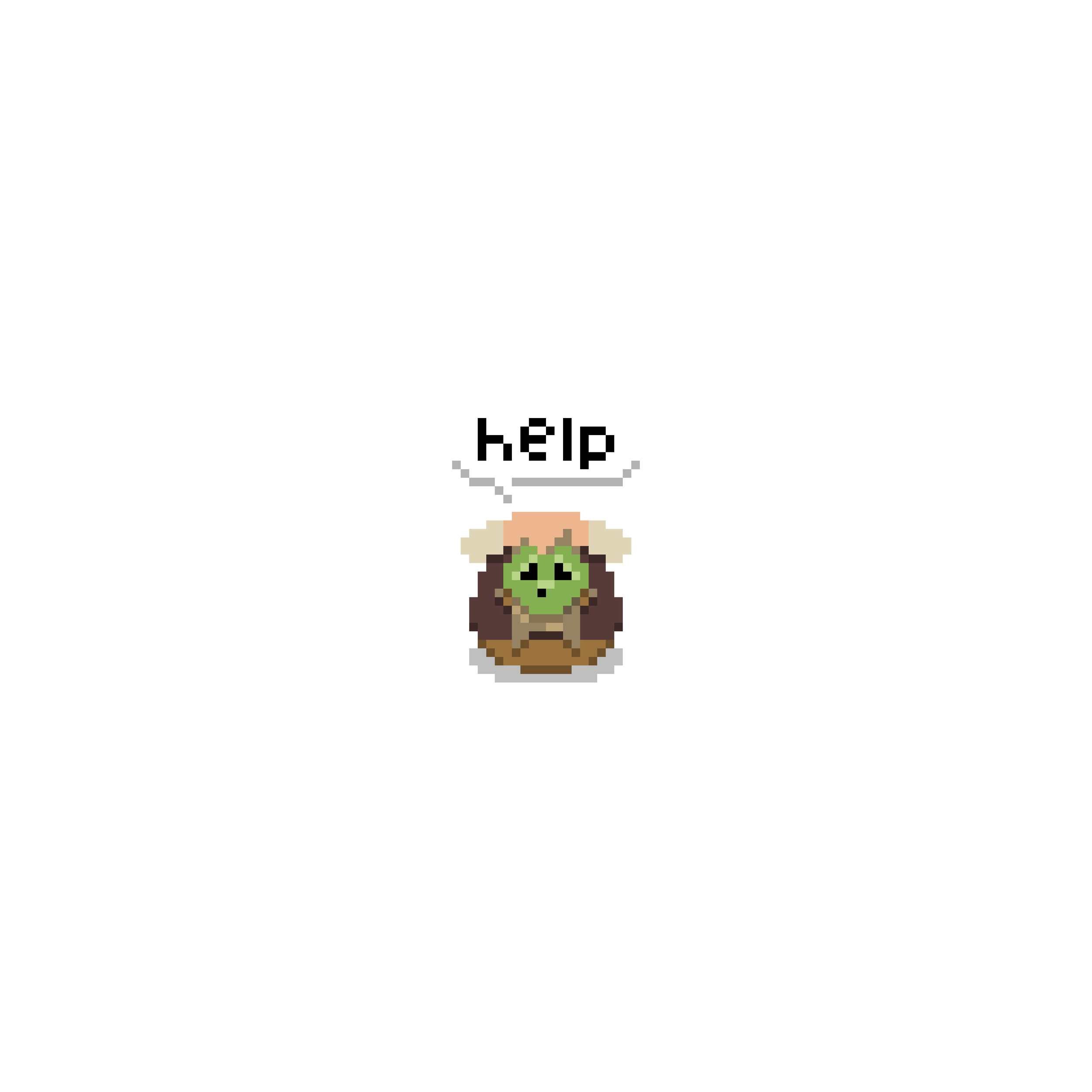 Pixel art image of a small green creature with a sad face, wearing brown clothing, positioned above the word 'help' in pixelated font.