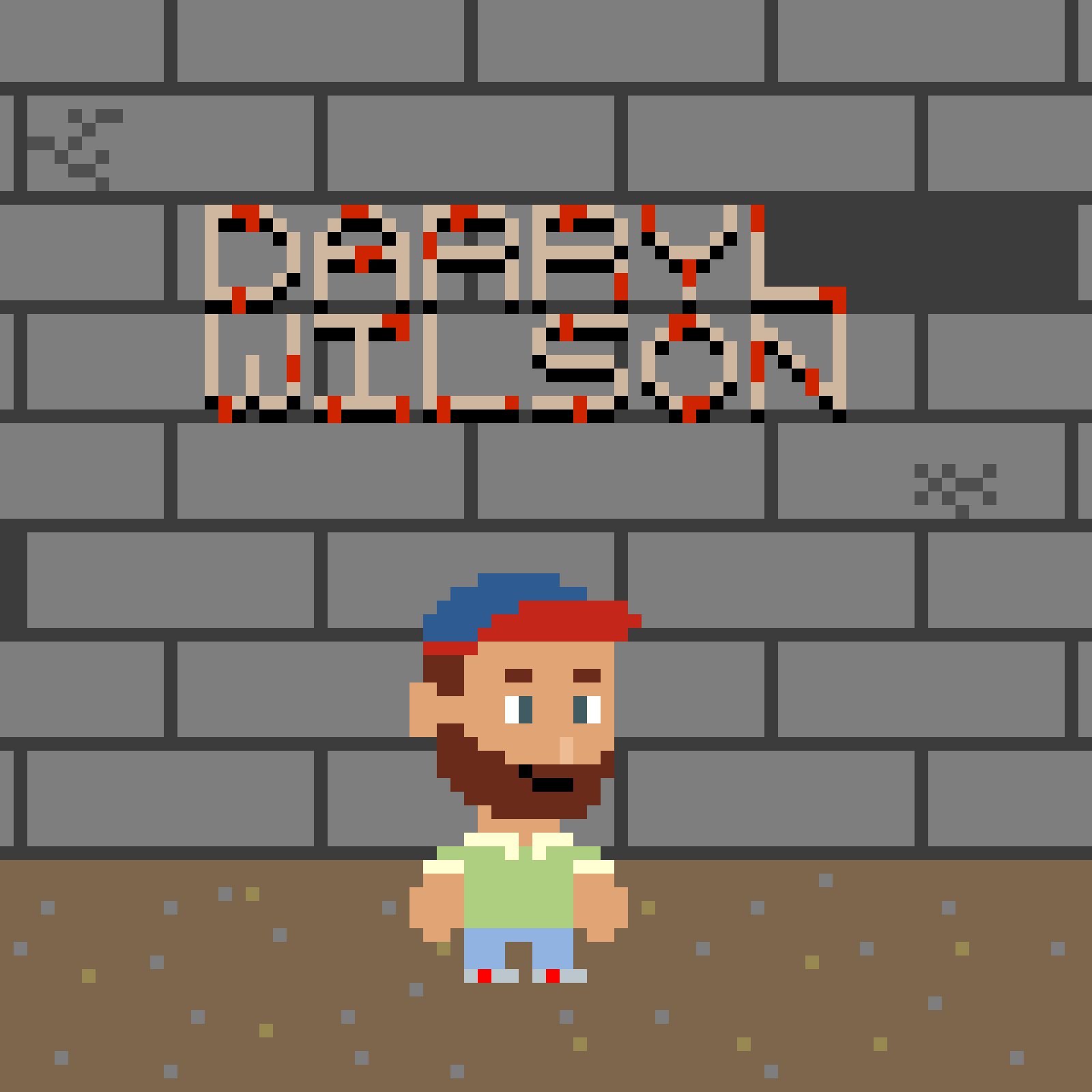 Pixel art style image of a man with brown hair and beard, wearing a green shirt and jeans, standing in front of a gray brick wall with a sign in pixel art that says 'PAPI JOSÉ', and two small trees on each side of the sign.