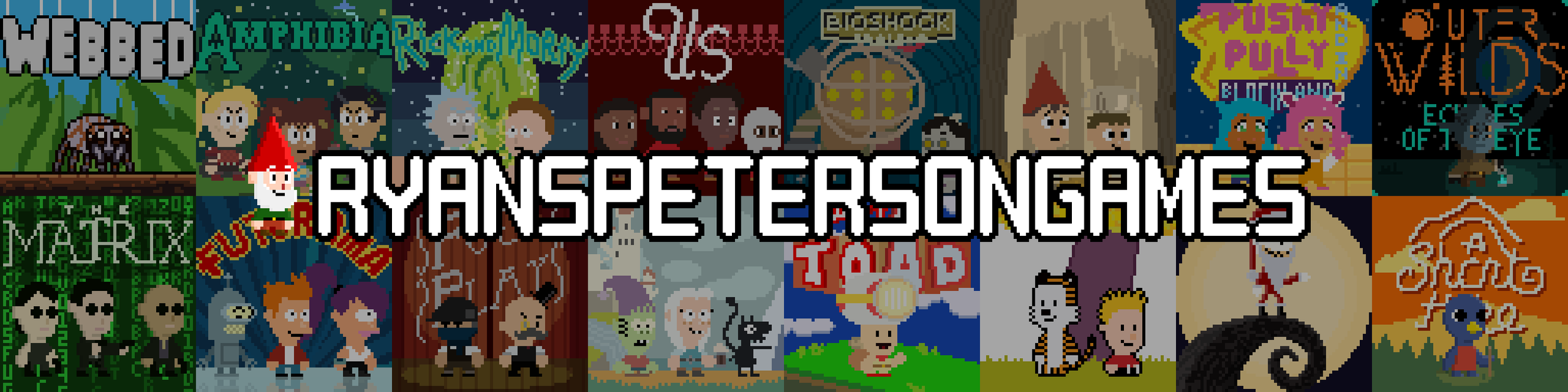 Collage of pixel art and cartoon game characters from various video games, with the phrase 'RYAN'S PETS & JUNGAMES' overlaid in bold text.