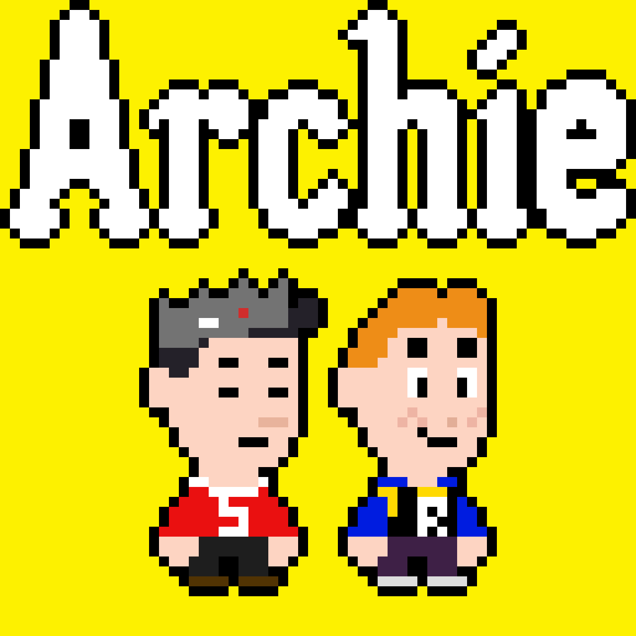 Pixel art image with the word 'Aten' in white letters on a yellow background, and two pixelated cartoon characters, one with gray hair in a red shirt, and the other with brown hair in a blue jacket, standing below the text.