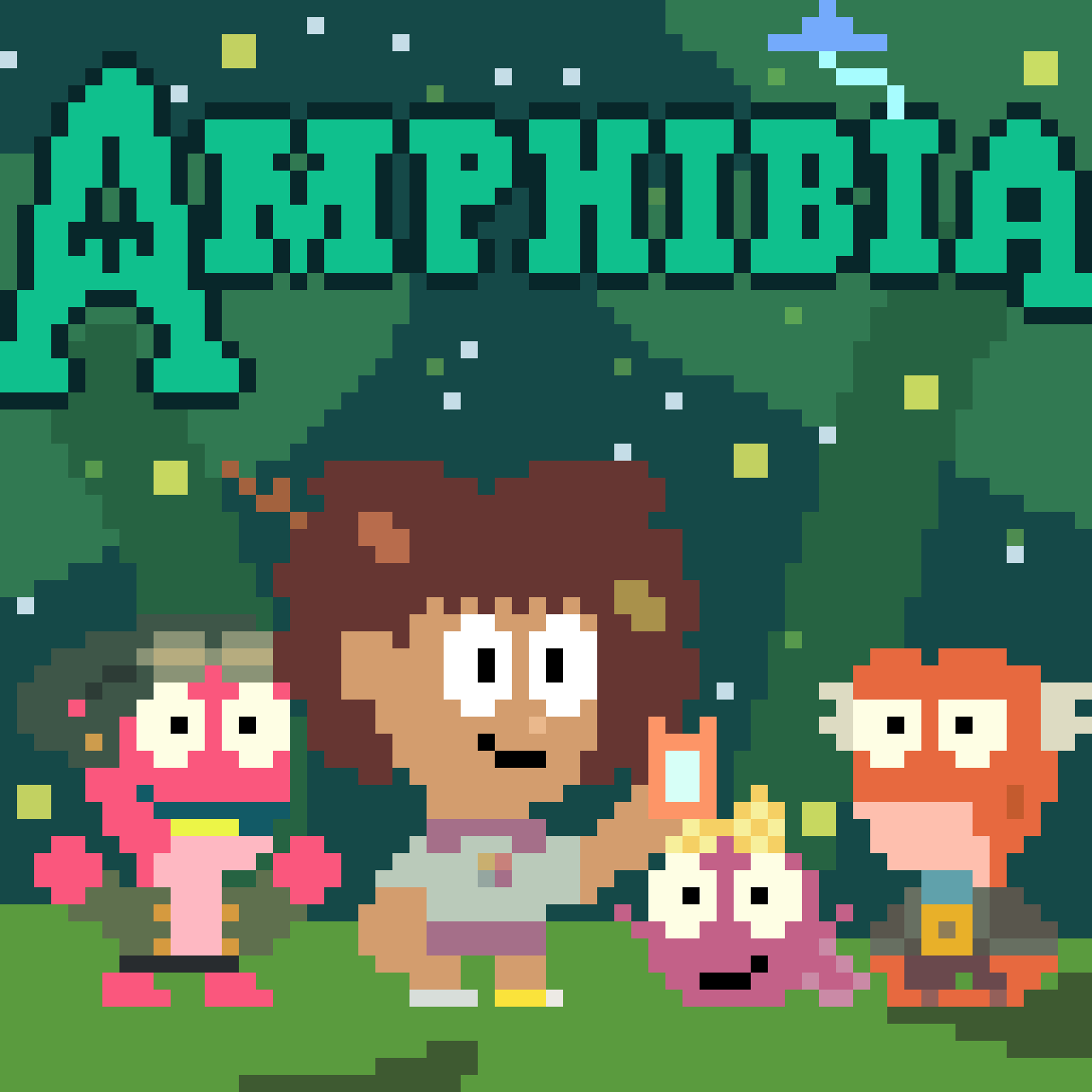 Pixel art of a group of characters in a forest with a sign in the background.