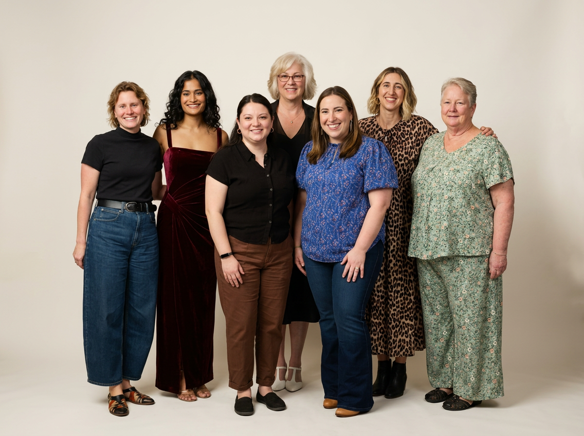 Group of seven women standing together against a plain light-colored background, smiling at the camera.