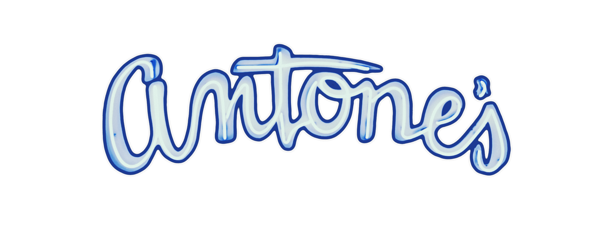 Neon sign spelling 'Waffles' in cursive blue and white neon lights.