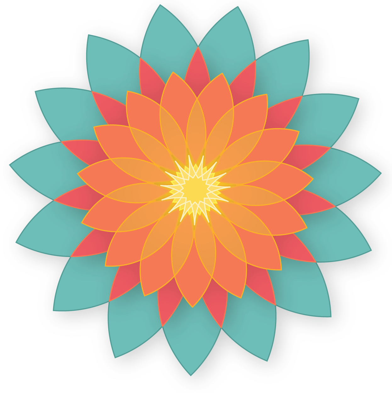 Symmetrical geometric mandala pattern with layered petal shapes in shades of yellow, orange, red, and teal, radiating from a bright yellow center.