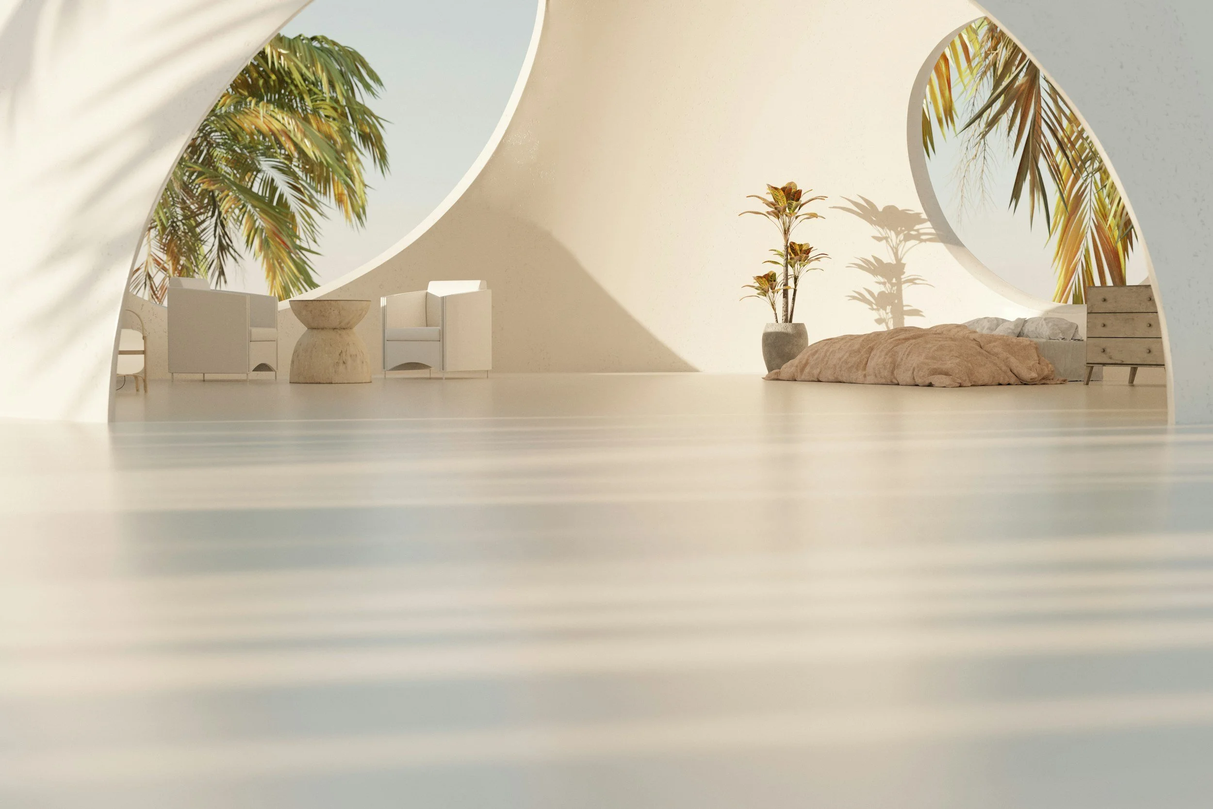 Minimalist white interior with large curved openings revealing palm trees outside, two white chairs, a small round table, a tall plant in a gray pot, and a bed with a beige blanket.